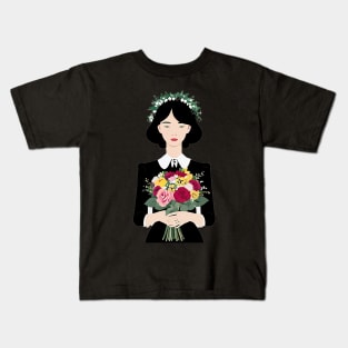 Young woman holding a bouquet of flowers Kids T-Shirt